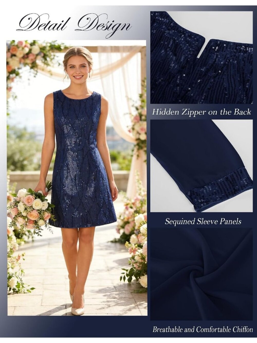 Women Navy Blue 3/4 Sleeve Bodycon Crew Neck Two Piece Winter Cocktail Dresses - Picture 6 of 6
